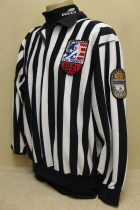 This jersey was worn for one season by Sioux City referee Chad Stewart. Has IHSHL 25 year and Dustin White Memorial patchs. NOB and made by CCM.